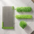 Extendable duster set with multi interchangeable heads and metal pole for easy cleaning. - Green