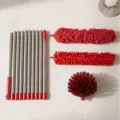 Multi-head telescopic duster set with microfiber chenille and round brush heads for cleaning. - Red