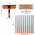 Window squeegee with 10 extension poles and cardboard box for high-rise cleaning. - Orange