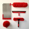 4-in-1 window cleaning kit with extension poles and red microfiber duster heads - [red box] 10-section rod + glass brush head + spider web head + fiber head + wiper blade