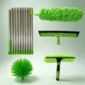 4-in-1 window cleaning kit with stainless steel extension poles and green brush heads - [green box] 10-section rod + glass brush head + spider web head + fiber head + wiper blade