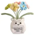 Handmade crochet potted forget-me-not flower doll with positive message card decor. - Forget-Me-Not (Never)