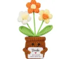 Handmade crochet emotional support plant gift with German thank you card for home decor. - Three Small Flowers Potted Plant