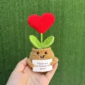 Handmade crochet emotional support plant with red heart and a thank you card gift - Fat Pot Red Heart Potted Plant