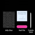Detail of 4-piece press-on nail kit including jelly glue, alcohol pad, file and stick. - Domestic Kit
