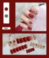 Detailed view of 24pcs red and nude press-on nails with cute strawberry and cherry patterns - Strawberry Cherry (R001) / 24Pcs Set (Glue Style)