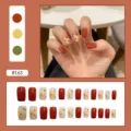 Autumnal square press-on nails set with brown finish and white floral pattern accents - R163 Long Island Iced Tea Style / Glue Type