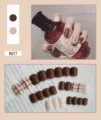 Macro view of 24pcs coffee brown and nude plaid patterned wearable press-on nail tips - Coffee Plaid (R017) / 24Pcs Set (Glue Style)