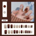 Brown and floral square-oval press-on nails detail showing full set and model wear - R186 Elegant Small Floral / Glue Type