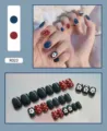 Detail of 24pcs cute press-on nails set with floral and polka dot patterns. - Blue Trendy Floral Style (R023) / 24Pcs Set (Glue Style)