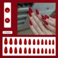 Classic deep red almond press-on nails set with 24 glossy pieces for professional manicure. - Almond Shape Medium Long (CF052) / 24 Pieces (With Glue) / Wine Cherry Red