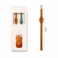 Gingerbread glass straw detail view, Christmas green and amber colored drinking straws with brush. - Caliber 8mm, Length 200mm / Gingerbread Man + Christmas Tree + Brush