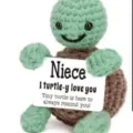 Handmade crochet turtle emotional support toy green brown with positive quote card gift variant - Sea Turtle Niece