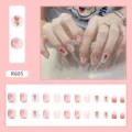 Pink aurora press-on nails with elegant rose patterns, 24 piece set detail and hand view. - R605 Ice Translucent Rose (R605) / Glue Type