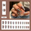 Detailed view of 24pcs brown and blue gradient press-on nails with checkerboard pattern - Brown Plaid - Checkerboard (R608)