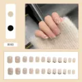 French style press-on nails with heart pattern and cow print design, model R193 detail - R193 Beige Leopard Print / Glue Type
