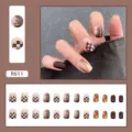 Detailed layout of 24pcs coffee brown checkerboard and marble press-on nails - Thick Milk Latte - Retro Marble Pattern (R611)