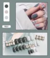 Macro view of 24pcs cute plaid and solid gray removable press-on nail tips set. - Green Plaid Style (R031) / 24Pcs Set (Glue Included)