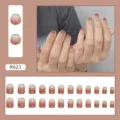 Detailed display of R623 wearable press-on nails set featuring brown gradient and green tips - Smudge French (R623)