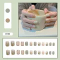 Detailed layout of sage green and gold press-on nails with lifestyle and studio views. - R199 Fresh Graffiti / Glue Type