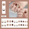 Macro view of 24pcs brown and beige French tip press-on nails set with model display - Pure Desire Milk Coffee Style (R636)