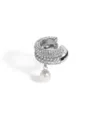 Detail view of silver double-layer ear cuff with full zircons and pearl pendant - Single (T1812_1) / Single Piece