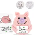 Hand-crocheted pink pig plush toy featuring motivational German cards for good luck - Piggy Style 1 / With Large Card and Token