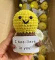 Handmade crochet bee plush doll cute stress relief toy with encouraging sign for home decor. - Bee