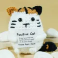 Handmade crochet positive cat plush doll, cute emotional support knitted animal gift for desk decor. - Tabby Cat