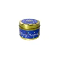 Christmas scented candle in a festive gold tin with blue holiday design for home decor - Cranberry