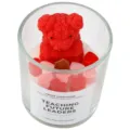 Rose bear scented soy wax candle in glass jar with red and pink heart wax melts decor. - Bear Heart (Vanilla Coconut)