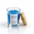 Blue scented soy wax candle in glass jar with wooden lid for home decor and aromatherapy gifts. - Rosemary