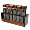 Walnut coffee bean storage tube set with 12 glass test tubes, wooden stand and rack. - Wood Color Lid Style (1 Base + 12 Long Glass Tubes)