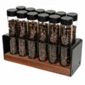 Walnut coffee bean storage tube rack with 12 glass tubes sealed container espresso display stand - Black Lid Style (1 Base + 12 Long Glass Tubes)