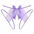 Purple lace crotchless thong with satin bow for women seductive lingerie detail - L / Purple