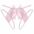 Close-up detail of pink lace crotchless thong featuring a large satin bow and delicate straps. - L / Pink