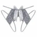 Detailed close-up of grey lace crotchless thong featuring an elegant satin bow. - L / Gray