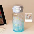 Close-up of a cute blue star-patterned plastic water bottle with straw and 3D stickers - With 3D Stickers / 500ml / White Blue