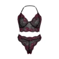 Women's two-tone black and pink floral lace lingerie set with bra and thong - S / Top And Bottom / Rose Red