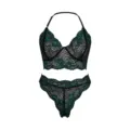 Sexy two-tone emerald green and black lace lingerie set with halter neck bralette - S / Top And Bottom / Green