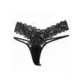 Black lace thong panties with delicate bow design, breathable and comfortable intimate apparel. - S / Black