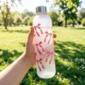 Detailed shot of frosted plastic water bottle with cute red bow ribbon pattern outdoors - 1000ml / Pink Bow (Silver Cap)