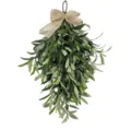 Macro view of detailed artificial olive teardrop wreath with a rustic burlap bow decoration - 60CM