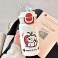 Portable 316 stainless steel vacuum water bottle with straw and cute cartoon dog print. - 401-500ml / Red - Apple Puppy