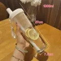 Transparent large capacity 1000ml plastic straw water cup in white with carry strap. - 850ml / Creamy White