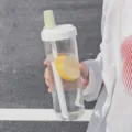 Large capacity portable clear plastic water bottle with straw and lemon slice - L / Yellow-Green