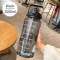 Large 2000ml black gradient sports water bottle with straw and hourly time markers - 2000ml / Transparent Black
