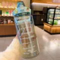 2000ml large capacity transparent water bottle with time markers and convenient handle - Transparent Green with English Print - 2000ml