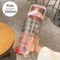 Pink 2000ml large capacity sports water bottle with straw and time markings for fitness - 2000ml / Transparent Pink