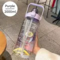 Large capacity 2000ml sports water bottle with straw and time markers in vibrant purple - Single Cup + Sticker / Purple (2000ml)